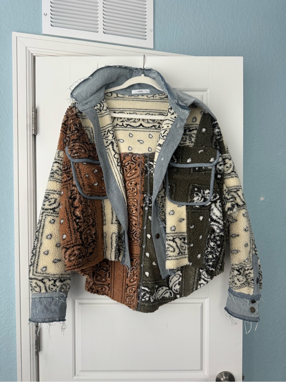 TALULAH Mixed Patchwork Bandana Sherpa Jacket — Brown, Olive, Cream, Gray